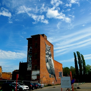 Batiment en forme de tour recouvert du streetart d'un hibou - Belgique  - collection de photos clin d'oeil, catégorie streetart
